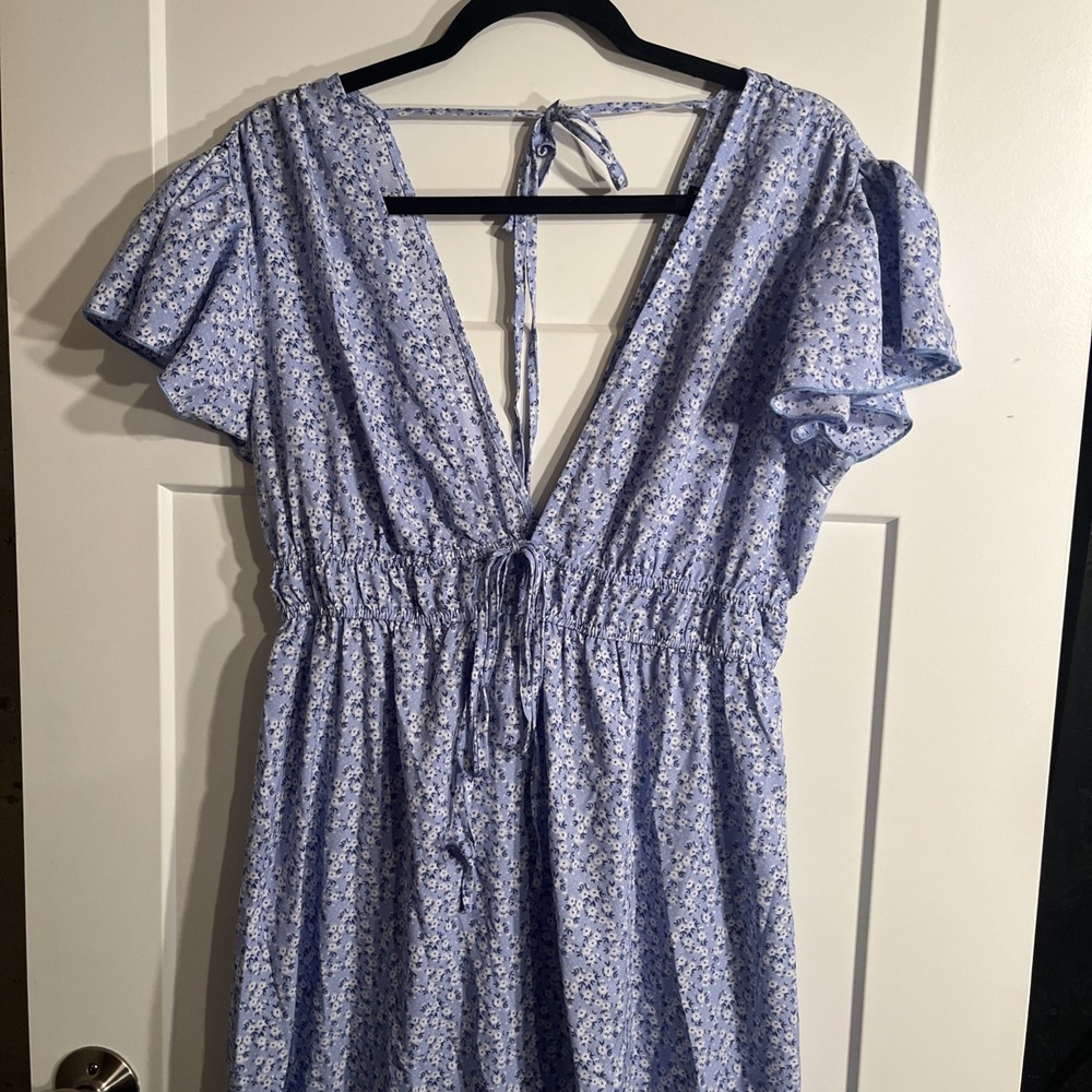 SHEIN Blue Floral Maxi Dress Large Tie Front Back Slit Flutter Short Sleeve